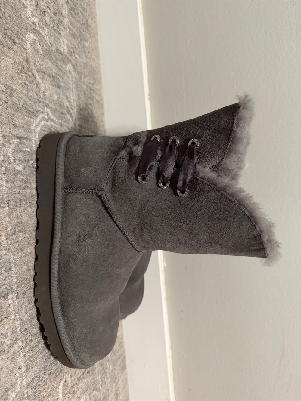 UGG Women's Gray Suede Ankle Boot with Shearling Trim